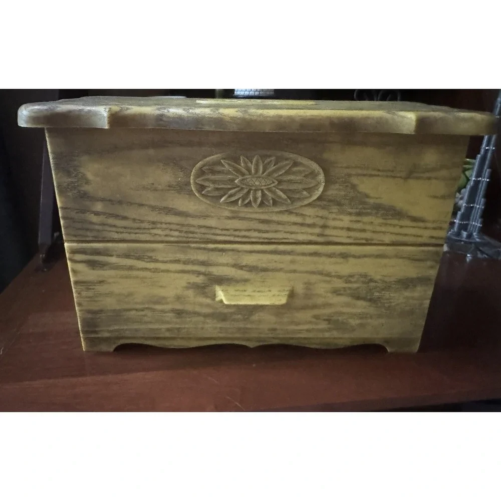Vintage 1970s Harvest Gold Faux Wood‎ Recipe Box Sunflower Plastic Storage Chest